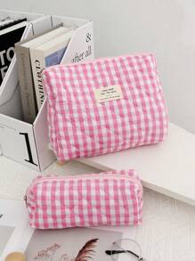 Quilted Makeup Bag Set Cosmetic Bag Aesthetic Travel Toiletry Bags Cute Pouch Kawaii Aesthetic Make Up Bag Travel Plaid Make Up Organizer Bag With Zipper Pouch Chere Checkered Cosmetic Pouch Make Up Travel Purse Organizer Large Capacity Pencil Case Makeup Brushes Storage Bag Vacation Travel Toiletry Bag For Bathrooom ,Wedding Gift ,Bridesmaid Gift ,Birthday Day Gift ,Friends,Valentine's Day,Monter's Day Gift Bathroom Accessories Back To School
