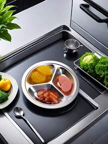 4 件装不锈钢圆形分隔盘，晚餐小吃盘，带 3 个隔间，分隔托盘食物盛菜盘，适合儿童、成人、露营、午餐和晚餐圣诞礼物 - 彩色 - 查看 3