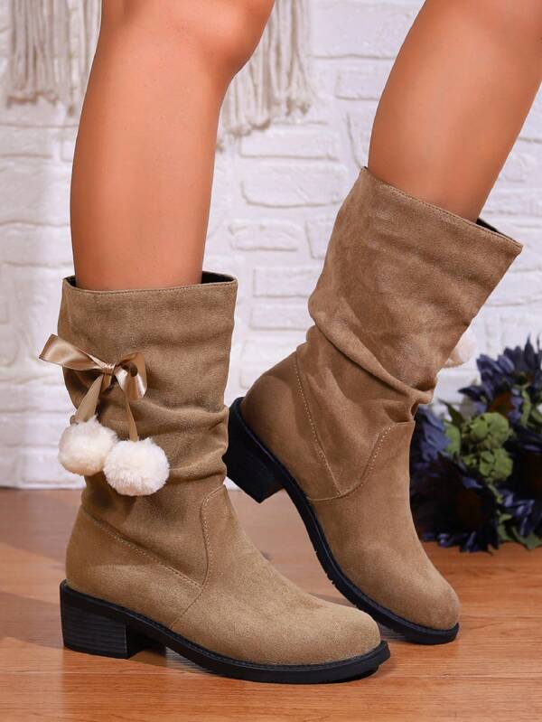 Botas de terciopelo vintage de tacón ancho hasta la pantorrilla para mujeres, otoño/invierno 2024