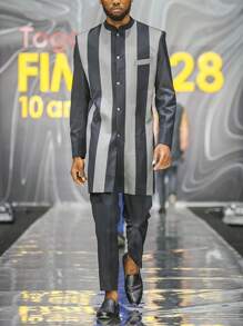 2pcs Men's Gray Stripe Dashiki Set, Long Sleeve Crew Neck Button Hem Slit Relaxed Pants, Casual Shirt & Trousers Suit, New Seasons Wedding Party Casual Wear - Grey - View 1