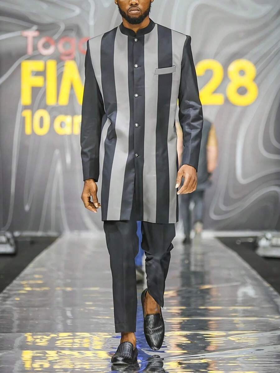 2pcs Men's Gray Stripe Dashiki Set, Long Sleeve Crew Neck Button Hem Slit Relaxed Pants, Casual Shirt & Trousers Suit, New Seasons Wedding Party Casual Wear - Grey - View 1