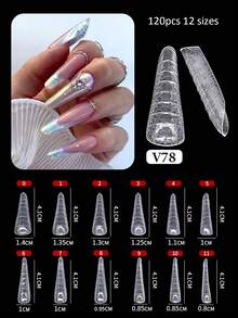 120 件豹纹透明指甲延长模具双形棺材方形细高跟全覆盖人造指甲修甲工具带刻度适用于 DIY 沙龙指甲延长延长指甲用品 - 無色 - 查看 8