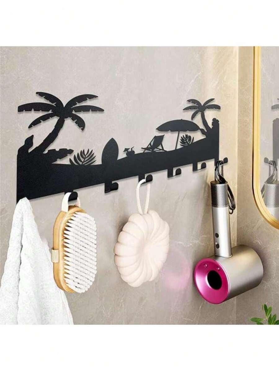 Tropical Beach Themed Metal Key Holder Rack - Wall Mounted Key And Accessory Storage - Coastal Palm Tree Design,Bathroom,Kitchen,Bathroom Organizer,Garden Lights,Wall Hanging Hooks,Christmas Decoration,Key Holder,Key Holder Wall,Key Hanger - Black - View 1
