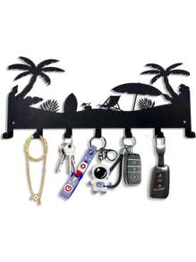 Tropical Beach Themed Metal Key Holder Rack - Wall Mounted Key And Accessory Storage - Coastal Palm Tree Design,Bathroom,Kitchen,Bathroom Organizer,Garden Lights,Wall Hanging Hooks,Christmas Decoration,Key Holder,Key Holder Wall,Key Hanger - Black - View 5