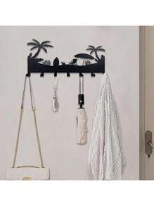Tropical Beach Themed Metal Key Holder Rack - Wall Mounted Key And Accessory Storage - Coastal Palm Tree Design,Bathroom,Kitchen,Bathroom Organizer,Garden Lights,Wall Hanging Hooks,Christmas Decoration,Key Holder,Key Holder Wall,Key Hanger - Black - View 6