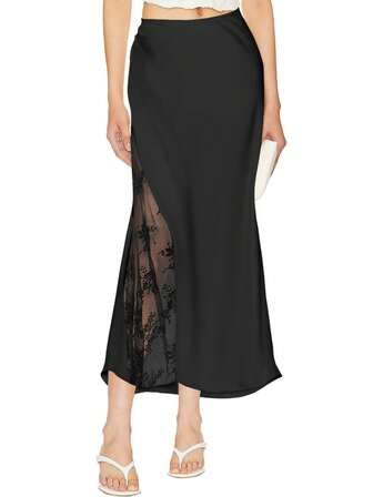 A-Line High Waisted Satin Mermaid Hem Skirt For Women