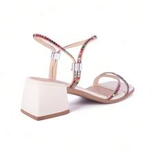 Women's Sandal 5cm Square Block Heel Medium Straps Colorful Rhinestones Soft Adjustment Comfort - 米色搭配彩色水鑽 - 查看 4