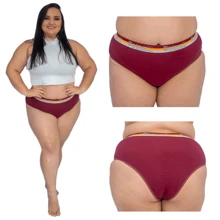 kit 5 Calcinhas tangão Plus Size  BIG LOVE Cintura Alta Com Cós Largo de Algodão Cotton  Ref026 - Multicolorido - Visão 1
