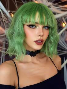 梦幻薄荷绿 12 英寸鲍勃假发 女士卷发波浪假发 带刘海 短款耐热合成假发 适合派对服装 日常穿着 彩色假发 万圣节热销 三叶草 圣帕特里克节