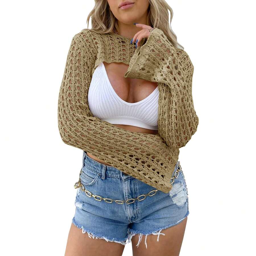 Women's Crochet Crop Tops Y2k Long Sleeve Crewneck Shrug Hollow Out Summer Beach - màu nâu - Xem 1