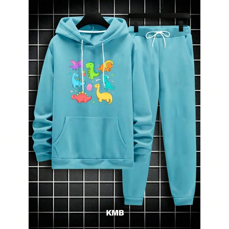 Children's Sweatshirt Set 2 To 16 Dino Print Jacket, Long Sleeve Hooded Top And Pants Mid-Season Tracksuit - Màu xanh nhạt - Xem 1