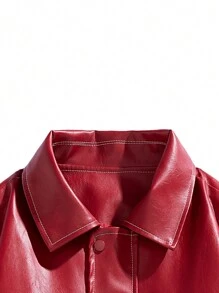 男士翻领撞色缝线口袋休闲长袖PU皮夹克，秋冬款 - 紅色 - 查看 3