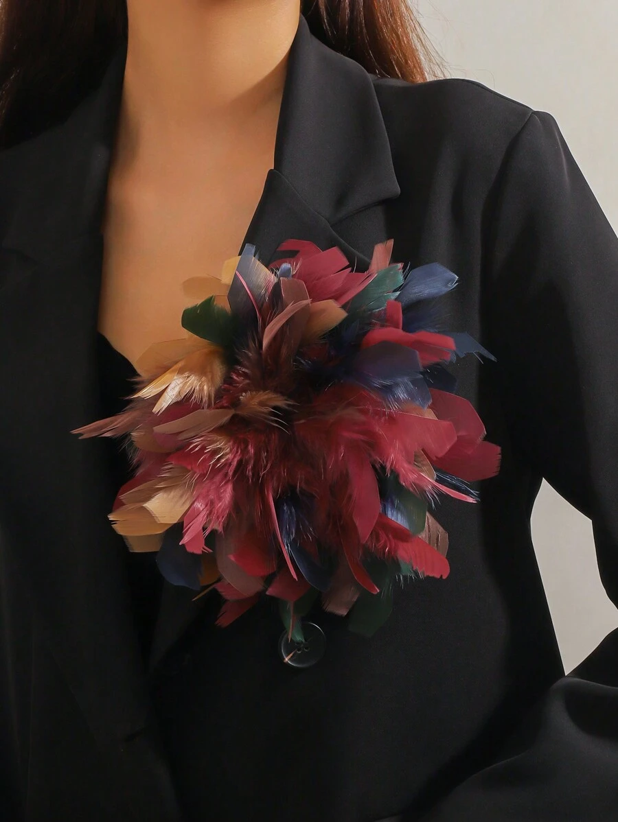 1 件手工复古法式夸张羽毛胸针发夹，独特羽毛花胸针，时尚优雅的女士多功能头饰，适合日常佩戴和晚会情人节 - 彩色 - 查看 1