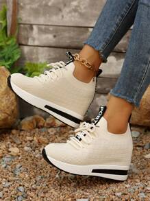 Women Spring/Autumn New Stylish Thick Sole Wedge Sneakers, Knitted Breathable Comfortable Hidden Heel Casual Shoes, Students' Plain Color Versatile Athletic Sneakers