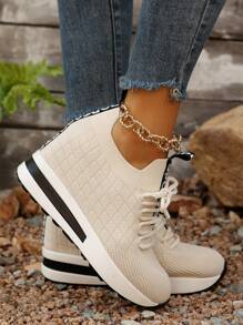 Women Spring/Autumn New Stylish Thick Sole Wedge Sneakers, Knitted Breathable Comfortable Hidden Heel Casual Shoes, Students' Plain Color Versatile Athletic Sneakers