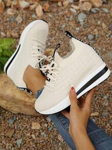 Women Spring/Autumn New Stylish Thick Sole Wedge Sneakers, Knitted Breathable Comfortable Hidden Heel Casual Shoes, Students' Plain Color Versatile Athletic Sneakers