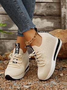 Women Spring/Autumn New Stylish Thick Sole Wedge Sneakers, Knitted Breathable Comfortable Hidden Heel Casual Shoes, Students' Plain Color Versatile Athletic Sneakers