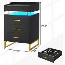 Nightstand With Charging Station USB Port And LED Light, 3 Drawer Bedside Table With Pull Out Tray And Gold Leg - Black - View 3