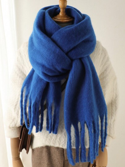 1 Pc Women Winter Scarf Horsehair Black Imitate Cashmere Shawls And Wraps Thick Warm Lady's Fashion Solid Colors Tassel Pull Plush Scarves Outdoor Women Shawl Accessories Women