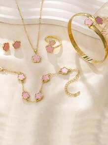5入組女孩幸運花飾品套裝，包括壓克力手環、手鐲、三葉草項鍊、戒指和耳環 - 白色 - 查看 9