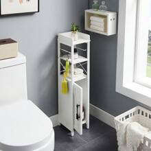 VECELO Slim Bathroom Toilet Storage Cabinet With Door, Waterproof Narrow Bathroom Organizer With Toilet Paper Holder,White - 白色 - 查看 6