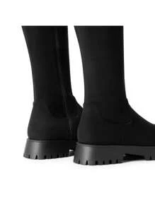 Women Comfortable High-Stretch Over The Knee Boots Autumn Fashion Round Toe Lowland Bold Leather Boots For Daily Commute Christmas Party Prom, Autumn Winter Wearing - 黑色絨面革 - 查看 8