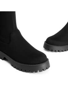 Women Comfortable High-Stretch Over The Knee Boots Autumn Fashion Round Toe Lowland Bold Leather Boots For Daily Commute Christmas Party Prom, Autumn Winter Wearing - 黑色絨面革 - 查看 7