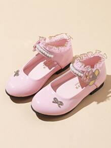 1pair Rhinestone Decorated Girl's Soft Sole, Breathable, Lightweight Leather Princess Low Heel Dance Shoes, Suitable For Performance, Parties, Wear All Seasons