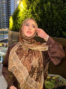 1pc Bohemian Style Fringed Scarf, Paisley Pattern Shawl, Wool Texture Shawl, Long Scarf - Reddish Brown - View 2