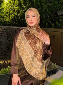 1pc Bohemian Style Fringed Scarf, Paisley Pattern Shawl, Wool Texture Shawl, Long Scarf - Reddish Brown - View 3