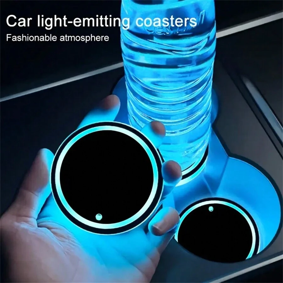 Luces LED para portavasos de coche, 7 colores cambiantes, carga por USB, almohadilla impermeable para vaso, luz de ambiente LED decorativa para interior de coche, accesorios para automóvil