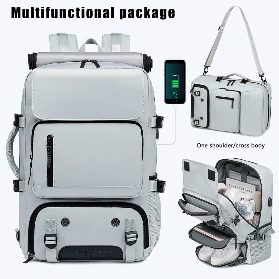 Multi-Functional Large Capacity Travel Backpack With Shoe Compartment, Dacron Lightweight Laptop Daypack With Charging Port, Fashion Travel Commuter Bag, Airline-Approved Laptop Schoolbag - 淺灰色 - 查看 1