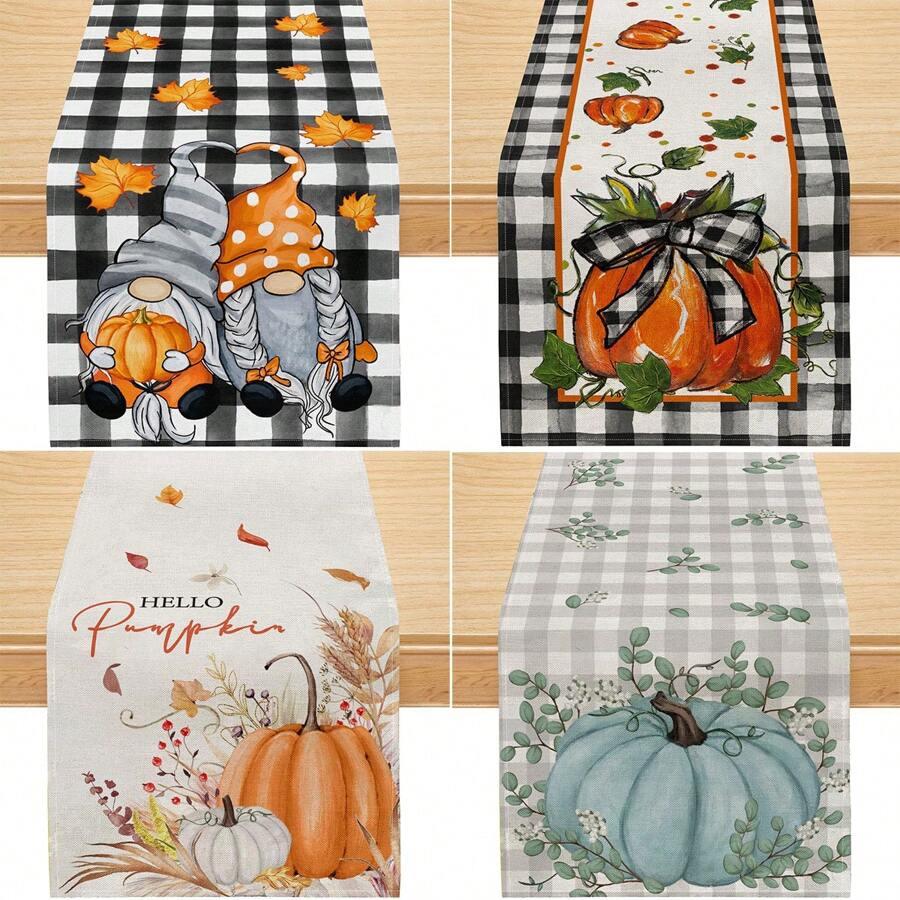 1PC Pumpkin Gnome Maple Leaf Buffalo Plaid Autumn Table Runner, Fall Kitchen Table Decorations For Outdoor Home Party Decorations - Black - View 1