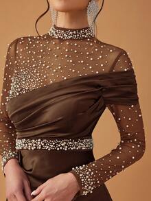 YISIKADO 女士优雅性感网眼串珠缎面立领长袖晚礼服、正式舞会礼服、婚礼宾客礼服、毕业典礼礼服、晚宴礼服