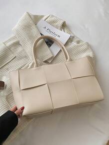 1 pieza Bolso de totora de negocios casual de moda, de unicolor, con trenza de PU, con juego de monedero, con asas dobles, bolso de hombro con imán para mujer, para estudiantes universitarios, para negocios/viajes/compras/regalo del día del maestro