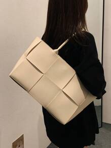 1 pieza Bolso de totora de negocios casual de moda, de unicolor, con trenza de PU, con juego de monedero, con asas dobles, bolso de hombro con imán para mujer, para estudiantes universitarios, para negocios/viajes/compras/regalo del día del maestro