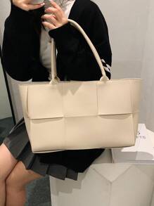 1 pieza Bolso de totora de negocios casual de moda, de unicolor, con trenza de PU, con juego de monedero, con asas dobles, bolso de hombro con imán para mujer, para estudiantes universitarios, para negocios/viajes/compras/regalo del día del maestro