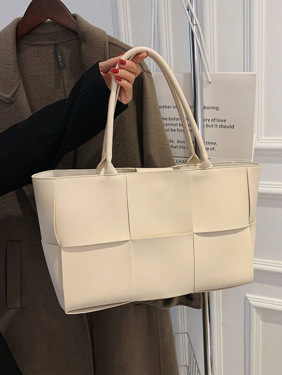 1 pieza Bolso de totora de negocios casual de moda, de unicolor, con trenza de PU, con juego de monedero, con asas dobles, bolso de hombro con imán para mujer, para estudiantes universitarios, para negocios/viajes/compras/regalo del día del maestro