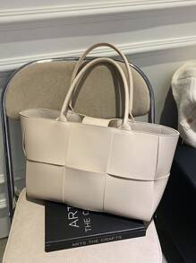 1 pieza Bolso de totora de negocios casual de moda, de unicolor, con trenza de PU, con juego de monedero, con asas dobles, bolso de hombro con imán para mujer, para estudiantes universitarios, para negocios/viajes/compras/regalo del día del maestro