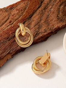 1对时尚精致圆形交叉哑光金色女士耳环，休闲日常佩戴 - 金黃色 - 查看 4