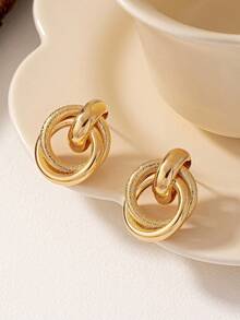1对时尚精致圆形交叉哑光金色女士耳环，休闲日常佩戴 - 金黃色 - 查看 2