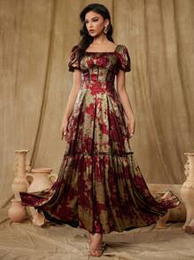 Vestido de noche con mangas abullonadas, acentos metálicos en color block y corte globo, elegante traje de gala para invitada de boda, graduación o cena - Multicolor - Ver 3