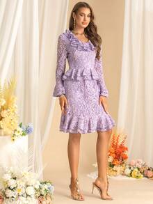 Autumn New Women's Ruffled Lace V-Neck Flared Long-Sleeved 2 In 1 Waisted Fishtail Dress Elegant Lace Dresses - Mauve Purple - View 5