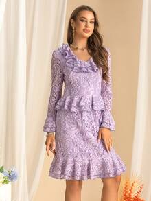 Autumn New Women's Ruffled Lace V-Neck Flared Long-Sleeved 2 In 1 Waisted Fishtail Dress Elegant Lace Dresses - Mauve Purple - View 4