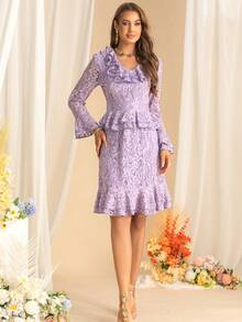 Autumn New Women's Ruffled Lace V-Neck Flared Long-Sleeved 2 In 1 Waisted Fishtail Dress Elegant Lace Dresses - Mauve Purple - View 3