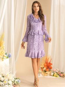Autumn New Women's Ruffled Lace V-Neck Flared Long-Sleeved 2 In 1 Waisted Fishtail Dress Elegant Lace Dresses - Mauve Purple - View 1