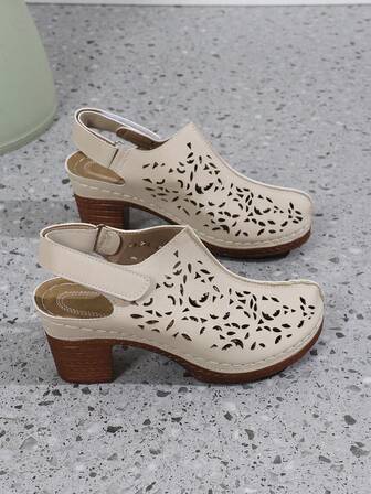 IH2 2025 Summer New Hollow Out Breathable Round Toe High Heel Sandals Women Fashion Casual French Style Chunky Heel Shoes