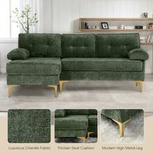 ADVWIN L Shaped Convertible Sectional Couch, 82" Luxury Chenille 3-Seater Comfy Sofa With Reversible Chaise & Fluffy Armrests For Living Room Apartment Small Space Bedroom Office (Green+ Golden Legs) - Green - View 1