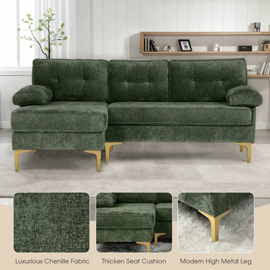 ADVWIN L Shaped Convertible Sectional Couch, 82" Luxury Chenille 3-Seater Comfy Sofa With Reversible Chaise & Fluffy Armrests For Living Room Apartment Small Space Bedroom Office (Green+ Golden Legs) - Green - View 1