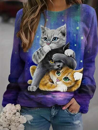 Plus Size Women Cat Print Round Neck Long Sleeve Casual Loose Sweatshirt, Fall/Winter Spring